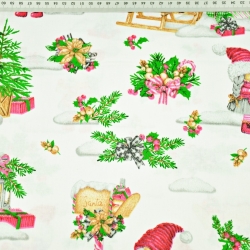 Baumwolle 100% Weihnachtsmuster Wichtel auf Schlitten auf weißem Hintergrund  