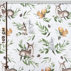 100% Baumwolle Rehe mit Kaninchen und grünen Blättern auf weißem Hintergrund  