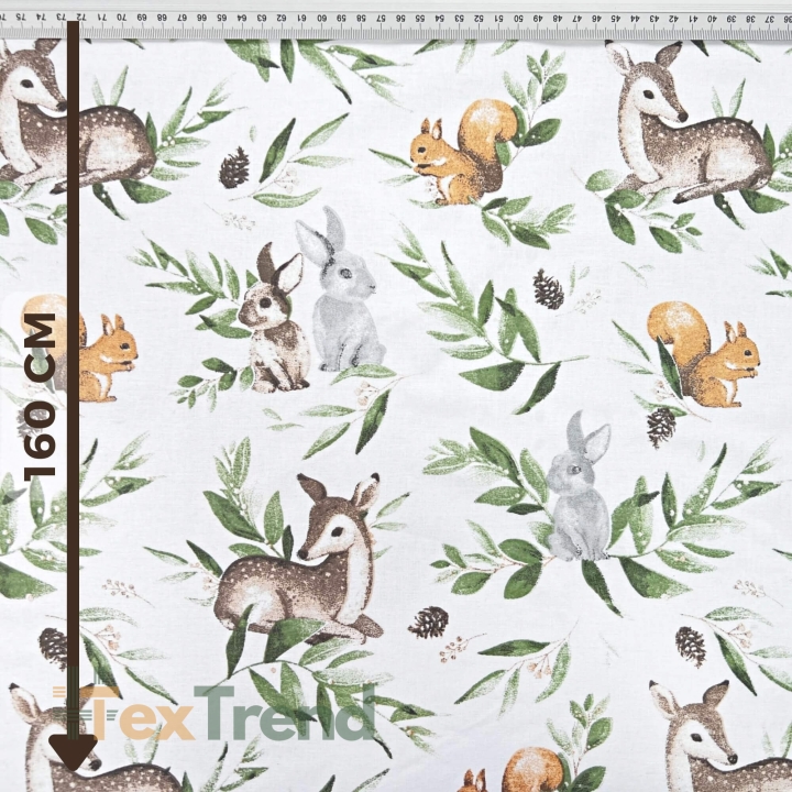 100% Baumwolle Rehe mit Kaninchen und grünen Blättern auf weißem Hintergrund