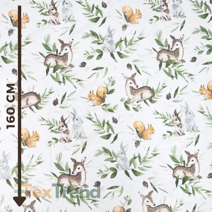100% Baumwolle Rehe mit Kaninchen und grünen Blättern auf weißem Hintergrund