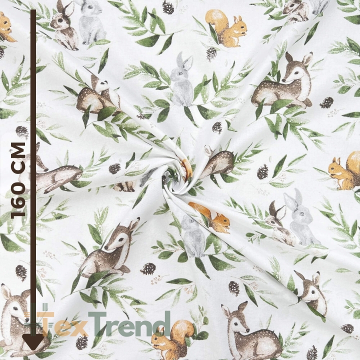 100% Baumwolle Rehe mit Kaninchen und grünen Blättern auf weißem Hintergrund