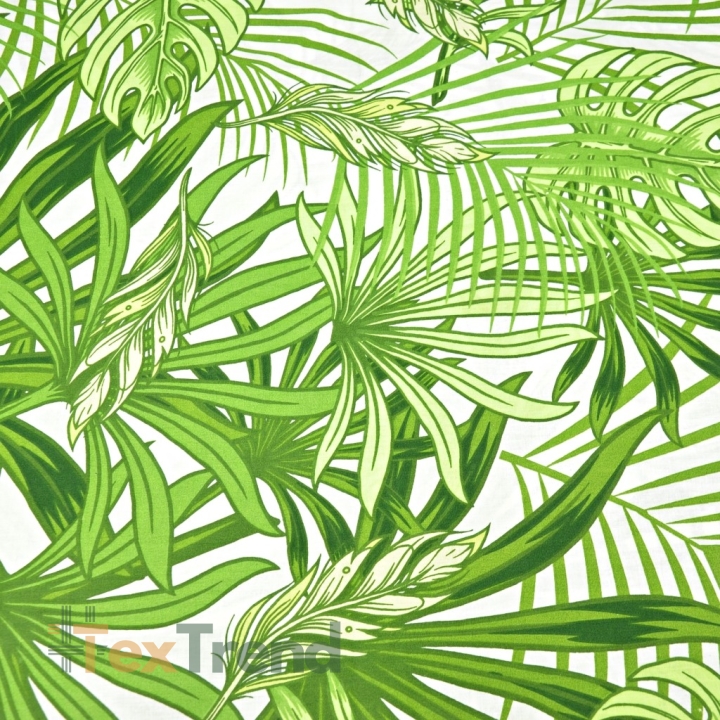 Baumwolle 100% grüne Palm- und Monstera-Blätter auf weißem Hintergrund  