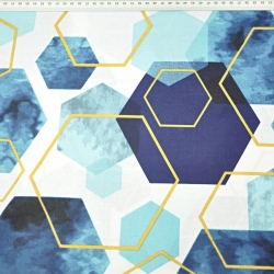 Baumwolle 100% geometrische Rauten blau-gold auf weißem Hintergrund