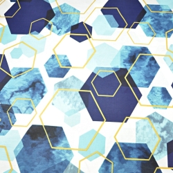 Baumwolle 100% geometrische Rauten blau-gold auf weißem Hintergrund