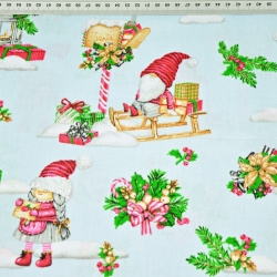 Baumwolle 100% Weihnachtsmuster Wichtel auf Schlitten auf hellblauem Hintergrund  