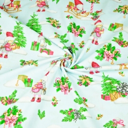 Baumwolle 100% Weihnachtsmuster Wichtel auf Schlitten auf hellblauem Hintergrund  