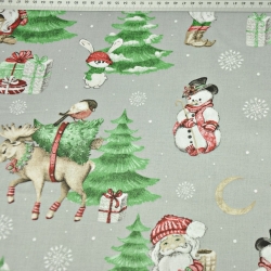 Baumwolle 100% Weihnachtsmuster Weihnachtsmänner mit Mond auf grauem Hintergrund  