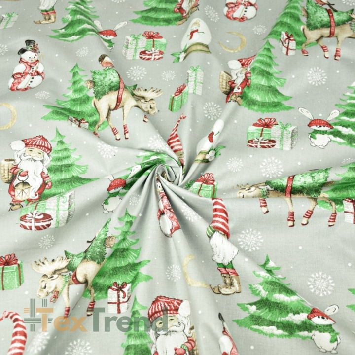 Baumwolle 100% Weihnachtsmuster Weihnachtsmänner mit Mond auf grauem Hintergrund  