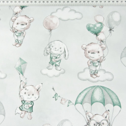 100% Baumwolle Kuscheltiere mit rosa-grünen Fallschirmen auf hellgrauem Hintergrund  