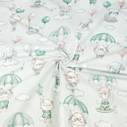 100% Baumwolle Kuscheltiere mit rosa-grünen Fallschirmen auf hellgrauem Hintergrund  