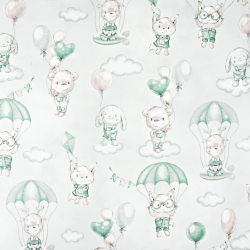 100% Baumwolle Kuscheltiere mit rosa-grünen Fallschirmen auf hellgrauem Hintergrund  