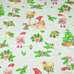 Baumwolle 100% Weihnachtsmuster Wichtel auf Schlitten auf hellgrauem Hintergrund  