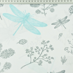 Baumwolle 100% Insekten Libellen grau-türkisfarben auf weißem Hintergrund  
