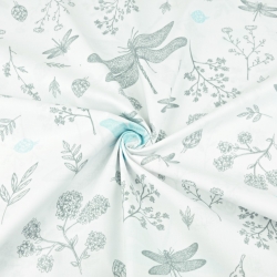 Baumwolle 100% Insekten Libellen grau-türkisfarben auf weißem Hintergrund  