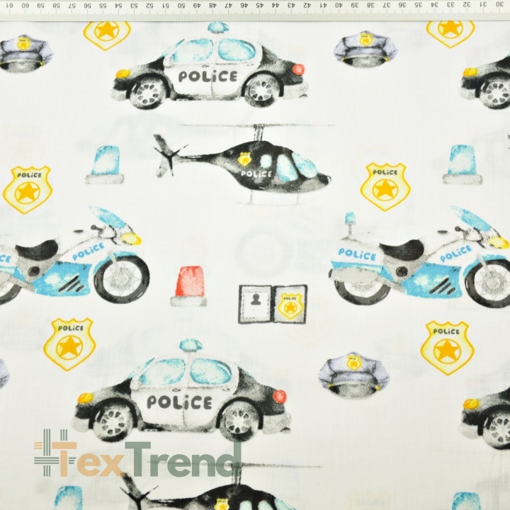 Baumwolle 100% Polizei blau-gelb auf weißem Hintergrund  