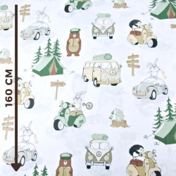 Baumwolle 100% Camping braun-grün auf weißem Hintergrund  