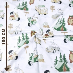 Baumwolle 100% Camping braun-grün auf weißem Hintergrund  