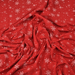Jersey-Stoff weiße Schneeflocken auf dunkelrotem Hintergrund  