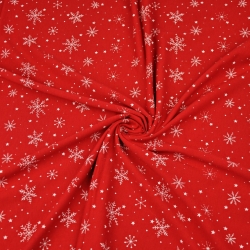 Jersey-Stoff weiße Schneeflocken auf dunkelrotem Hintergrund  