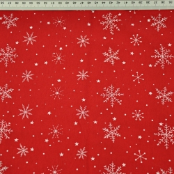 Jersey-Stoff weiße Schneeflocken auf dunkelrotem Hintergrund  