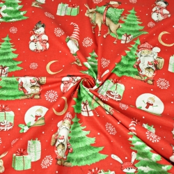 Baumwolle 100% Weihnachtsmuster Weihnachtsmänner mit Mond auf rotem Hintergrund  