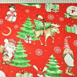 Baumwolle 100% Weihnachtsmuster Weihnachtsmänner mit Mond auf rotem Hintergrund  