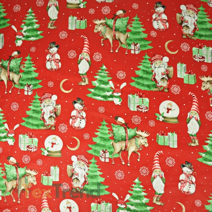 Baumwolle 100% Weihnachtsmuster Weihnachtsmänner mit Mond auf rotem Hintergrund  
