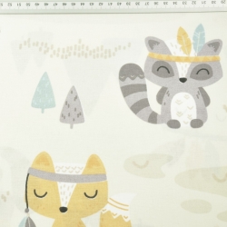 Baumwolle 100% Indianische Tiere mit Traumfängern auf beigem Hintergrund  