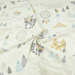 Baumwolle 100% Indianische Tiere mit Traumfängern auf beigem Hintergrund  