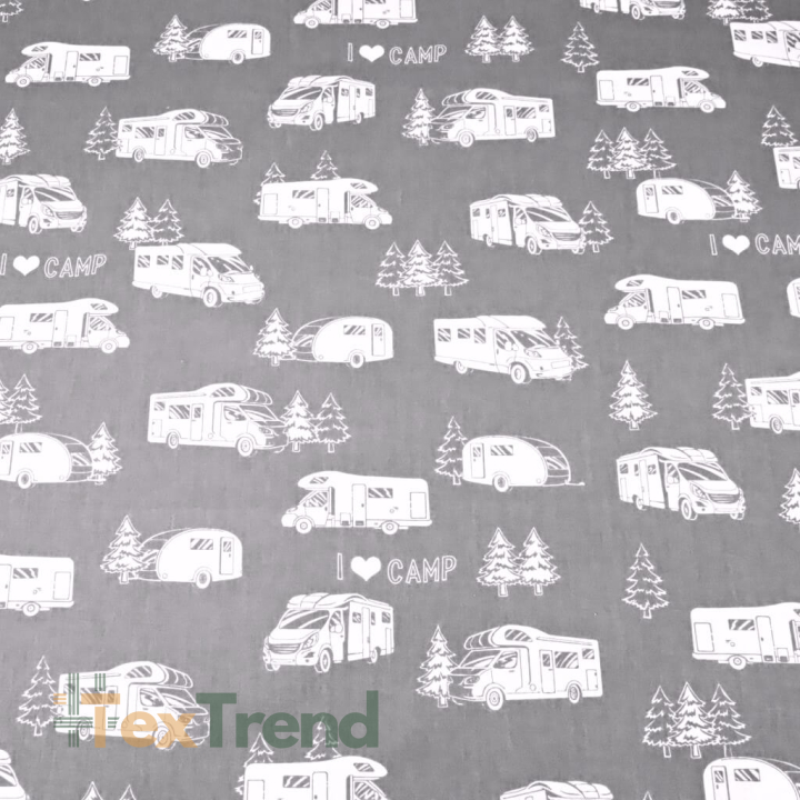 100% Baumwolle weiße Wohnmobile auf grauem Hintergrund  