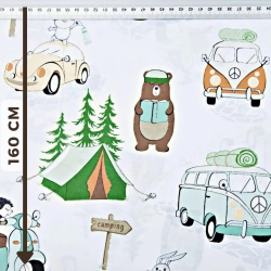 Baumwolle 100% Camping orange-grün auf weißem Hintergrund  