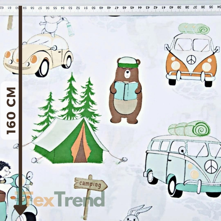 Baumwolle 100% Camping orange-grün auf weißem Hintergrund