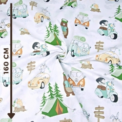 Baumwolle 100% Camping orange-grün auf weißem Hintergrund  