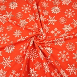 Jersey-Stoff weiße Schneeflocken auf rotem Hintergrund  