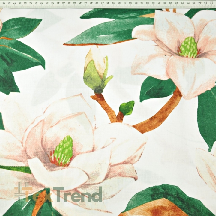 Baumwolle 100% Magnolienblüten auf weißem Hintergrund - 220cm  