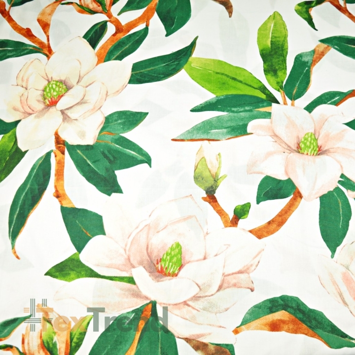 Baumwolle 100% Magnolienblüten auf weißem Hintergrund - 220cm  