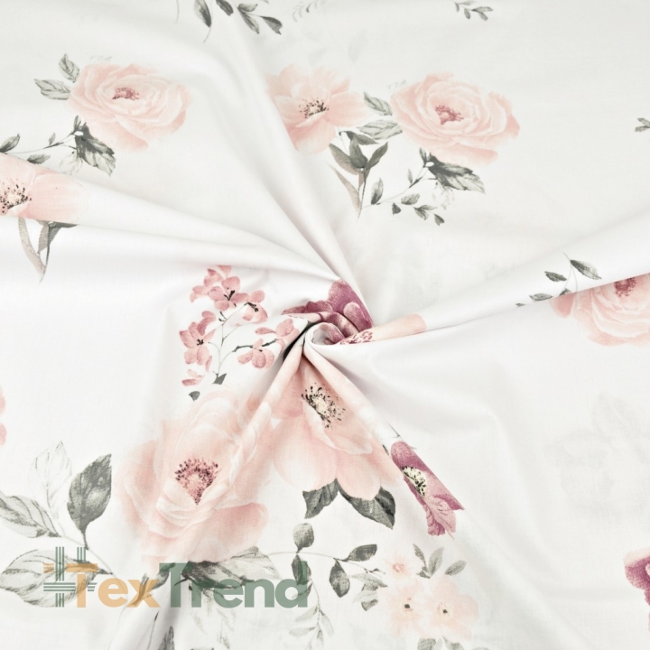 Baumwolle 100% Blumen rosa-burgunderfarbene Rosen auf weißem Hintergrund  