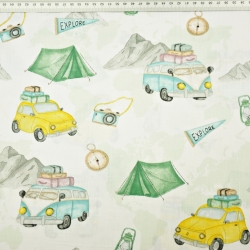 Baumwolle 100% Autos beim Camping gelb-grün auf weißem Hintergrund  