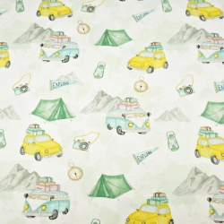 Baumwolle 100% Autos beim Camping gelb-grün auf weißem Hintergrund  