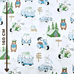 Baumwolle 100% Camping blau-grün auf weißem Hintergrund  