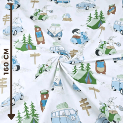 Baumwolle 100% Camping blau-grün auf weißem Hintergrund  