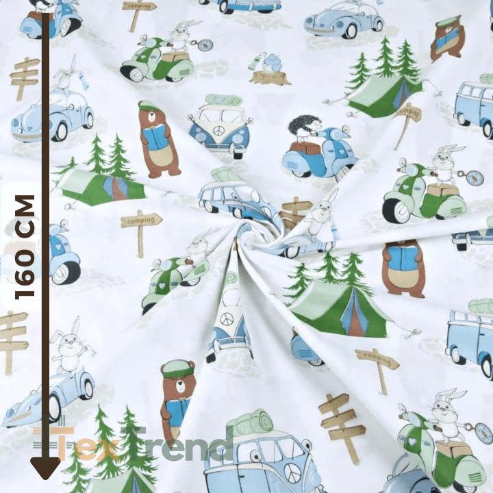 Baumwolle 100% Camping blau-grün auf weißem Hintergrund