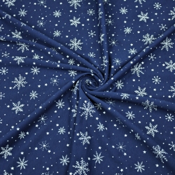 Jersey-Stoff weiße Schneeflocken auf marineblauem Hintergrund  