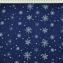 Jersey-Stoff weiße Schneeflocken auf marineblauem Hintergrund  