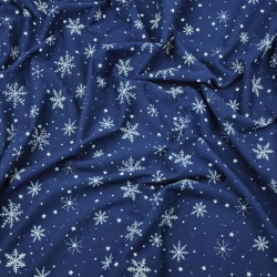 Jersey-Stoff weiße Schneeflocken auf marineblauem Hintergrund  
