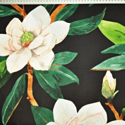 Baumwolle 100% Magnolienblüten auf schwarzem Hintergrund - 220cm  