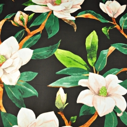 Baumwolle 100% Magnolienblüten auf schwarzem Hintergrund - 220cm  