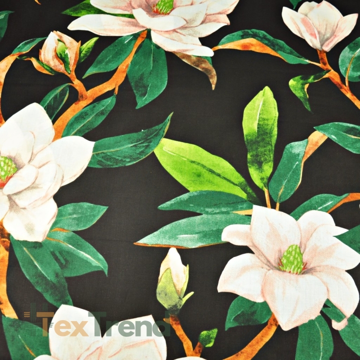 Baumwolle 100% Magnolienblüten auf schwarzem Hintergrund - 220cm  