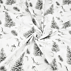 Baumwolle 100% Weihnachtsmuster Tannenbäume im Wald auf weißem Hintergrund  