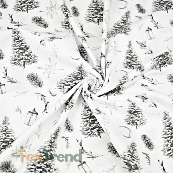 Baumwolle 100% Weihnachtsmuster Tannenbäume im Wald auf weißem Hintergrund  